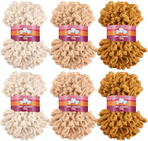 Threlaco 6 Skein Loop Yarn for Finger Knitting 600g, Beige, Khaki, Turmeric by Threlaco