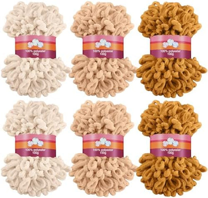 Threlaco 6 Skein Loop Yarn for Finger Knitting 600g, Beige, Khaki, Turmeric by Threlaco