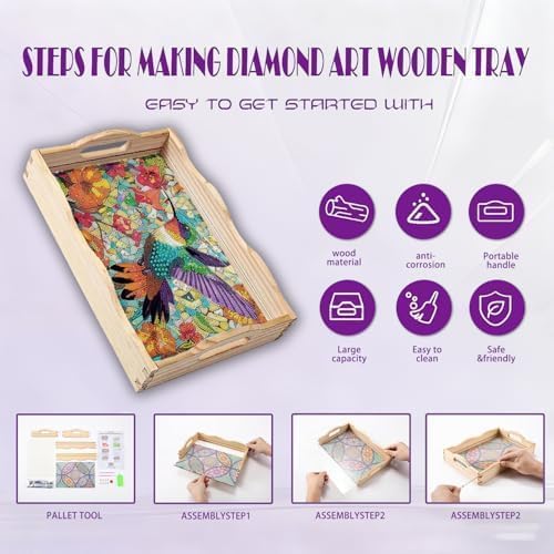 EWJRNSF 5D Diamond Painting Flowers Diamond Art Kits for Adults Wooden Serving Trays with Handles Big Gem Arts and Craft Gifts Trays Decor Gift Home Decor 9.8x13.8 Inches Hummingbird - Image 3