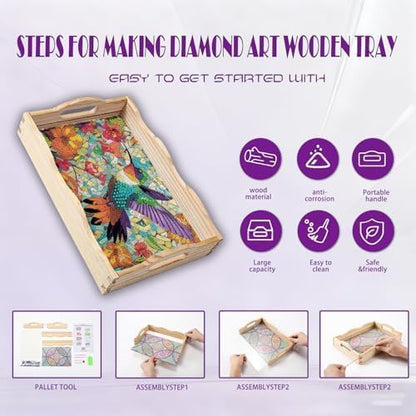 EWJRNSF 5D Diamond Painting Flowers Diamond Art Kits for Adults Wooden Serving Trays with Handles Big Gem Arts and Craft Gifts Trays Decor Gift Home Decor 9.8x13.8 Inches Hummingbird - Image 3
