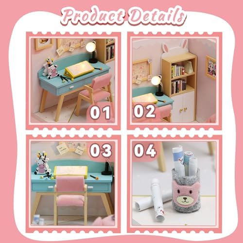 Kisoy Dollhouse Miniature with Furniture Kit, DIY 3D Wooden DIY House Kit A Corner of a Small Apartment Style with Dust Cover & LED,Handmade Tiny House Toys for Kids Adults Gift (Study Room) - Image 5