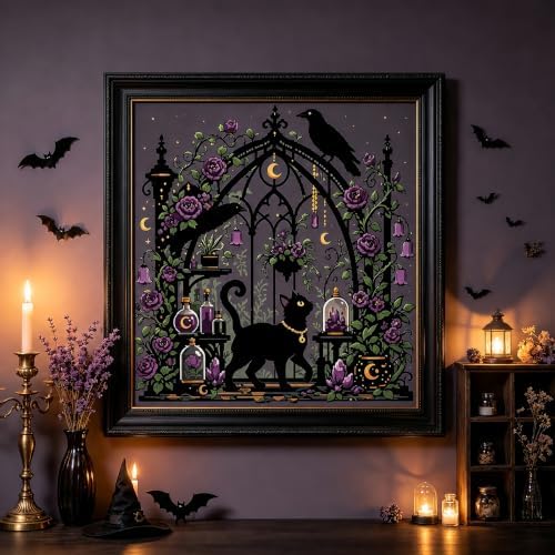 Halloween Black Cat Stamped Cross Stitch Kits for Beginner 13.7x13.7 Inch - Image 5