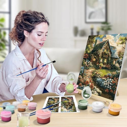 JOOZ Paint by Numbers Kit for Adults with Frame, Landscape Paint by Number Canvas, House Flowers Paint by Number with Easel, DIY Acrylic Oil Painting Kit for Home Wall Decor 8 x 12 Inch - Image 4