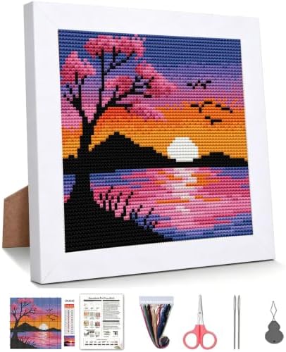 Sunset Landscape Stamped Cross Stitch Kits for Beginners Adults with Framed by WUSARPLY