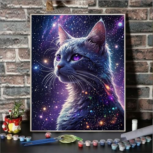 Cat Paint by Numbers Kit for Adults Beginner Starry Night Oil Painting Kit Adult Paint by Number Kits on Canvas DIY Painting Art by Numbers Gifts for Cat Lover Home Wall Decor 16x20 Inch - Image 2