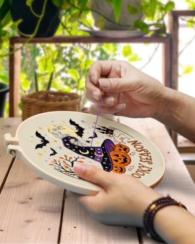 TINDTOP Halloween Embroidery Kit for Adult, Embroidery DIY Starter Kit, with Stamped Patterns, Hoop, Tools, Colorful Threads with Needles, Instructions (Halloween A) - Image 4