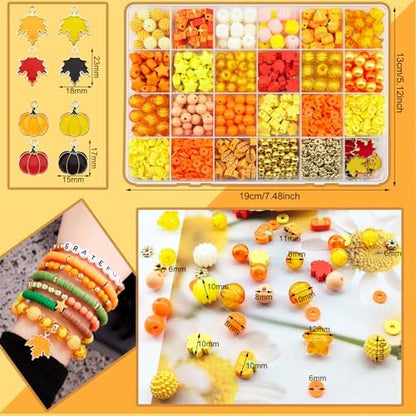 1470Pcs Fall Bracelets Kit - Thanksgiving Fall Beads for Jewelry Making - Autumn Maple Leaf Pumpkin Clay Beads Pearl Star Round Loose Spacer Heishi Beads for Necklace Earrings DIY Craft - Image 3