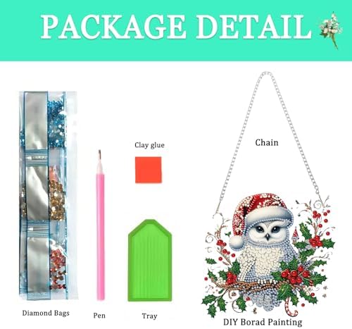 Auremi Christmas Diamond Art Painting Pendant Kits with Chain,5D Owl Diamond Art Hanging Kit DIY Diamond Crystal Window Door Hanging Pendant Kit for Adults Gift Wall Decor - Image 3