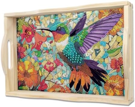 EWJRNSF 5D Diamond Painting Flowers Diamond Art Kits for Adults Wooden Serving Trays with Handles Big Gem Arts and Craft Gifts Trays Decor Gift Home Decor 9.8x13.8 Inches Hummingbird by EWJRNSFDiamondPainting