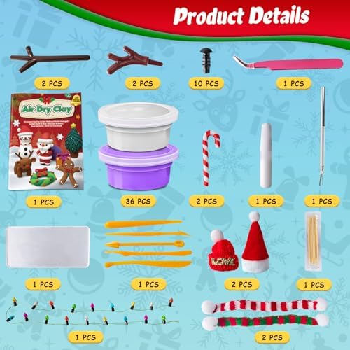 ESSENSON Air Dry Clay Christmas Crafts Kit, 36 Colors DIY Modeling Clay Craft Set with Accessories, Christmas Stocking Stuffers for Kids, Xmas Gift for Girls Boys - Image 2