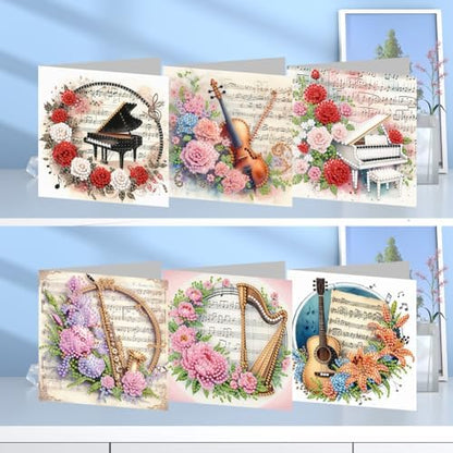 jinglinhh 6pcs Diamond Art Painting Piano Flower Guitar Greeting Cards with Envelopes, DIY Card Making Kits for Adults, Diamond Art Postcards Holiday Cards Craft Gifts - Image 6