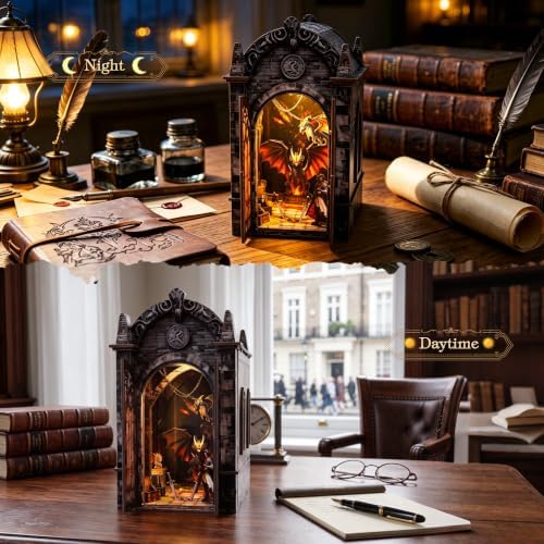 Book Nook Kit for Adult, Dragon LED 3D Wood Puzzle Bookshelf Decor - Image 7