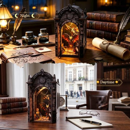 Book Nook Kit for Adult, Dragon LED 3D Wood Puzzle Bookshelf Decor - Image 7