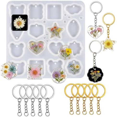 16 pcs Resin Keychain Molds Silicone with Hole kit, Cavities Epoxy Resin Molds Silicone Jewelry Keychain Making Kit with 20 Keychain Rings, Molds for Epoxy Resin DIY Craft Starter Set for Beginners by Unknown