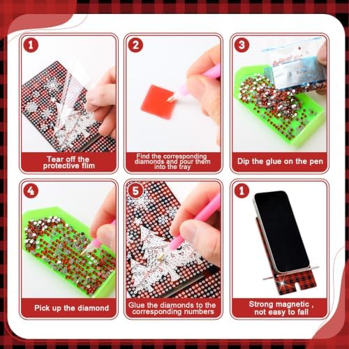 Saillong 6 Pcs Xmas Red Plaid Diamond Painting Phone Stand Full Drill - Image 6