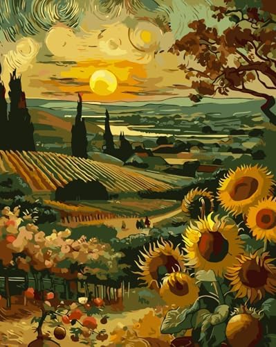 CSZPPQAF Sunflower Paint by Numbers for Adults Beginner, Vvillage Landscape Paint by Number Kits on Canvas DIY Oil Painting Watercolor Color by Numbers for Home Wall Decor 16x20inch by Clickhere