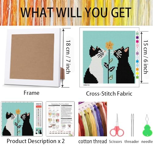 Tiwabb Cat Flower Stamped Cross Stitch Kits for Adults Beginners with Frame - Image 3