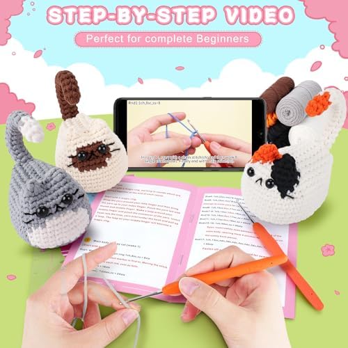 Cat Crochet Kit for Beginners-3PCS Cats Crochet Kits,Teacher Appreciation Gifts for Women, Crochet Starter Kit with Step-by-Step Video Tutorials,Crochet Animal Kits DIY Craft Learn to Crochet Kits - Image 2