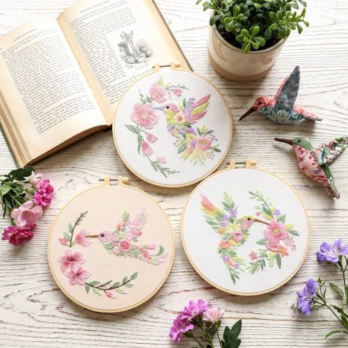 Mindsoft 3 Set Needlepoint Kit for Beginners with Hoop,Flower Hummingbird - Image 2