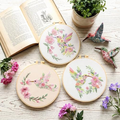 Mindsoft 3 Set Needlepoint Kit for Beginners with Hoop,Flower Hummingbird - Image 2