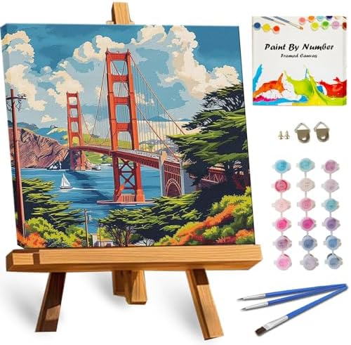 TOCARE Framed Paint by Numbers Kit for Adults Beginners & Kids Ages 8-12, Golden Gate Bridge Paint by Number with Frame, San Francisco Paint by Numbers Framed Canvas (10x10 Inch,Without Easel) by TOCAREDirect