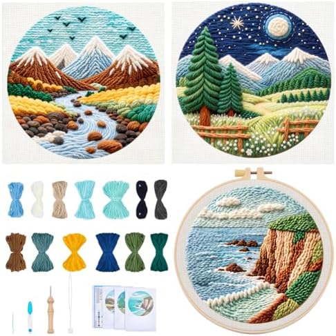 BEUNITONE 3PCS Landscape Punch Needle Kit for Adults Beginners, Complete Craft Kit Needlepoint Kits for Adults with Hoop, Punch Needle Starter Craft Set for Cloth Festival Gift and Home Decor 20X20CM by BEUNITONE