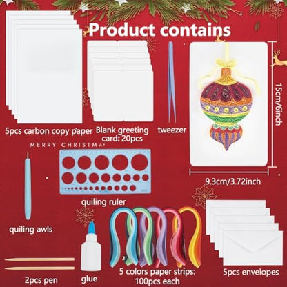 WEBEEDY 20 Sets Christmas Ball Paper Quilling Kit Handmade Christmas Greeting Card with Envelopes 3D Wreaths Card Making Kit with Instuction for Adult Beginner Holiday Decor Gift - Image 2
