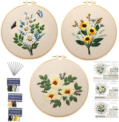 Embroidery Kit for Beginners,Cross Stitch Kits for Adults DIY Craft 3pcs Embroidery Pattern Needlework Fabric Embroidery Thread and Needles 1pcs Embroidery Hoop Adult Stitch Stuff Sewing Kit Gift by GLTAYLMYFortuneSmilesonJoyfulTradingwithEveryone