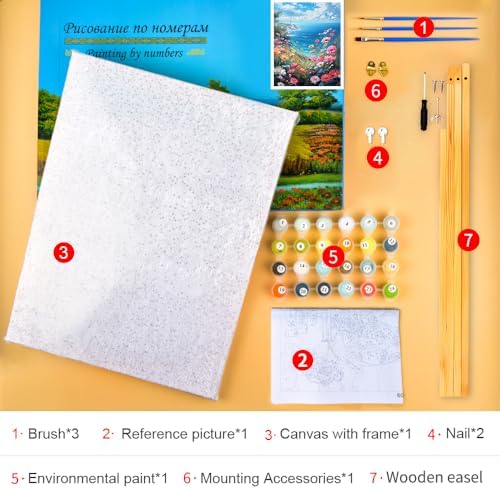 TUMOVO Flower Framed Paint by Numbers Kit for Adults Beginner, Sea Adult Paint by Number Kits on Canvas, Coastline Scenery Oil Painting for Gift Home Decor, Acrylic Drawing Paint Kits 16"x20" - Image 6