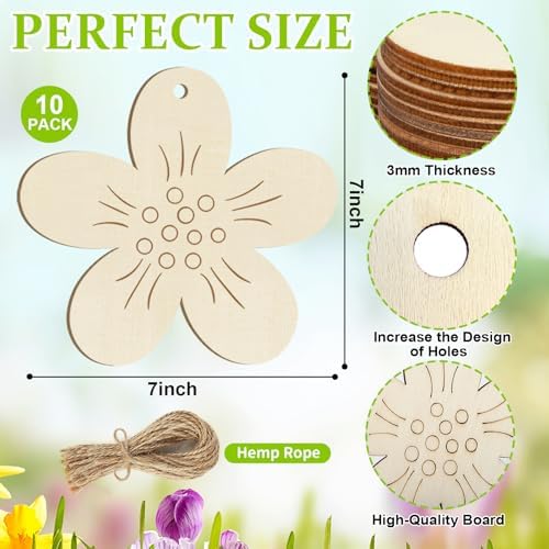 Large Size 7 inch Wooden Spring Ornaments to Paint, Wooden Flower Cutouts DIY Blank Unfinished Round Wood Discs Ornament for Crafts Hanging Decorations(10PCS) - Image 2