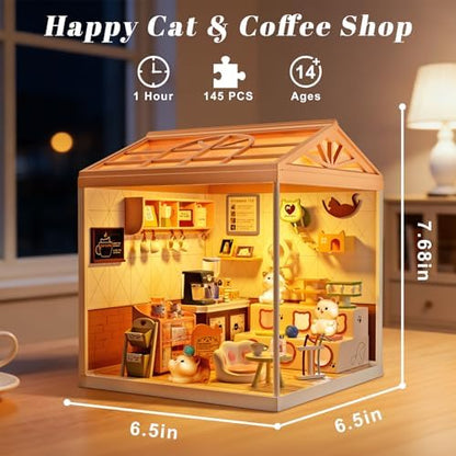 Cat Cafe Miniature House Kit with LED Light, DIY Mini Dollhouse with Roof & Dust Covers for Mini Figures Tiny House Toy for Adults Kids Girls - Image 2