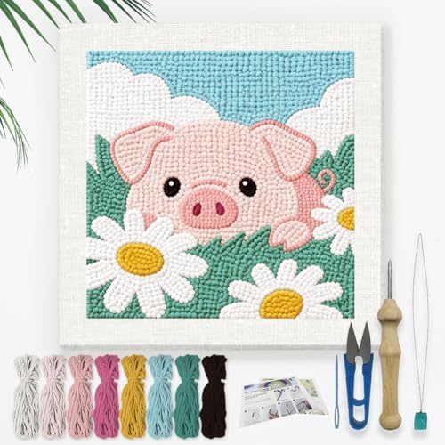 DOODLREAM Flowers Pig Punch Needle Kit for Beginner 9.4"x 9.4" by Doodlream