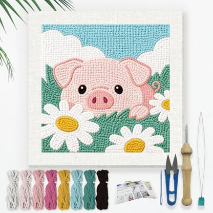 DOODLREAM Flowers Pig Punch Needle Kit for Beginner 9.4"x 9.4" by Doodlream