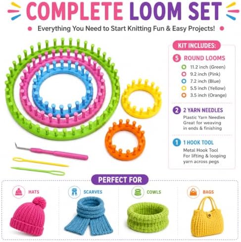 JAMIT Round Knitting Looms Set Craft Kit DIY Tool with Hook Needle, Set of 5 Plastic Looms Knitting for Hat Scarf Shawl Sweater Sock and Blankets - Image 4