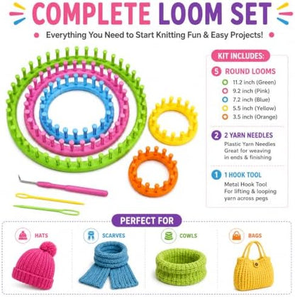 JAMIT Round Knitting Looms Set Craft Kit DIY Tool with Hook Needle, Set of 5 Plastic Looms Knitting for Hat Scarf Shawl Sweater Sock and Blankets - Image 4