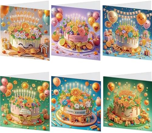 LAKEQUILL 6Pcs 5D DIY Birthday Cake Pattern Diamond Art Greeting Card Kit with Envelopes - for Adults & Beginners, Perfect for Birthday Wishes, Party Favors, Handmade Blessing Gifts by Unknown