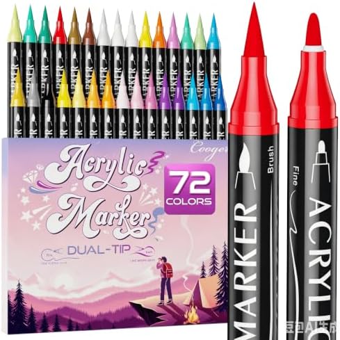 72 Colors Dual Tip Acrylic Paint Markers,Fine Tip and Brush Tip Permanent Acrylic Paint Pens For Rock Painting, Canvas, Wood, Glass, Ceramic, Fabric, Plastic, Egg, Scrapbook,Art Painting Supplies Kit by CoogertMarkers