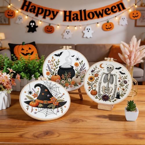 Halloween Embroidery Kit, Skeleton Cross Stitch Kits, 4 Set Craft Kits for Beginners with Pre-Printed Embroidery Fabric, Hoops, Step-by-Step Instructions, Color Threads & Needles (Halloween-4 Set) - Image 4