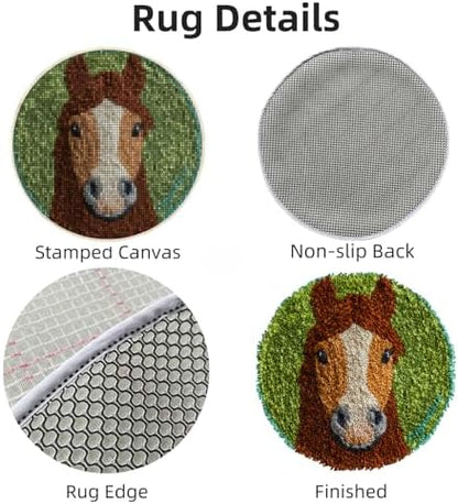 Latch Hook Rug Kit Cute Brown Horse with Green Color Easy for Beginners Round Shape Carpet Crochet Yarn Craft Mini Rug DIY Hook and Latch Little Tapestry for Home Decor 30x30cm-2 - Image 3
