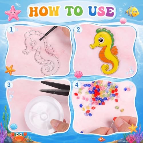 Dunzoom 30 Set Under the Sea Suncatcher DIY Craft Kit Acrylic Ocean Animals Window Art Paint Activity for Birthday Party Favors Summer Camp Classroom Activity 10 Designs Colorful Beads Paint - Image 3