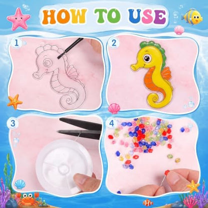 Dunzoom 30 Set Under the Sea Suncatcher DIY Craft Kit Acrylic Ocean Animals Window Art Paint Activity for Birthday Party Favors Summer Camp Classroom Activity 10 Designs Colorful Beads Paint - Image 3
