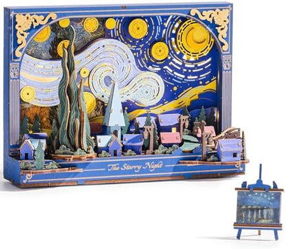Rowood Starry Night 3D Puzzles for Adults,Mother's Day DIY Wooden Vincent Van Gogh Painting Artwork Craft Kit Building Set with LED,Home Decor Botanical Collection Gift for Family on Christmas by RowoodAssembleArtDecorateLife