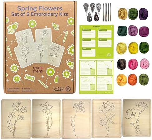 Wooden Flower Lacing Embroidery Kits for Beginners, Set of 5 Learn-to-Stitch Craft Boards, Sewing & Embroidery Art Kits for Kids Ages 8+, DIY Craft Projects, Educational Gifts, Party Favors (Spring) by SmolFrens