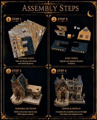 3D Wooden Puzzle for Adults, DIY Fantasy Castle Miniature House Kit, LED - Image 2