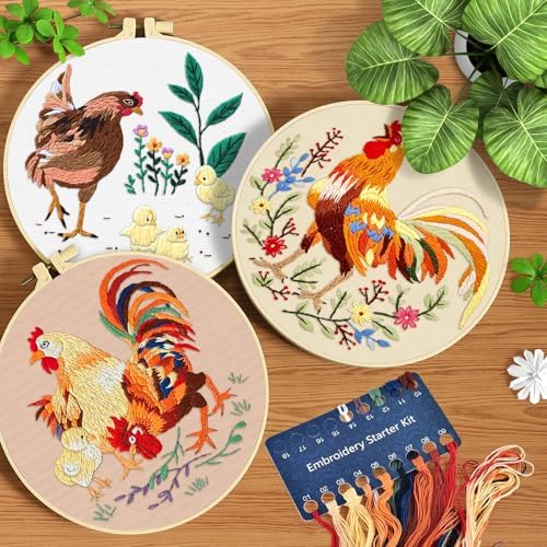 ERKOON 3 Sets Embroidery Kit, Floral Cross Stitch Set for Include Embroidery Cloth Hoops Threads for Craft Lover Hand Stitch (Rooster) - Image 2