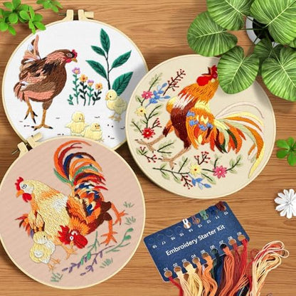 ERKOON 3 Sets Embroidery Kit, Floral Cross Stitch Set for Include Embroidery Cloth Hoops Threads for Craft Lover Hand Stitch (Rooster) - Image 2
