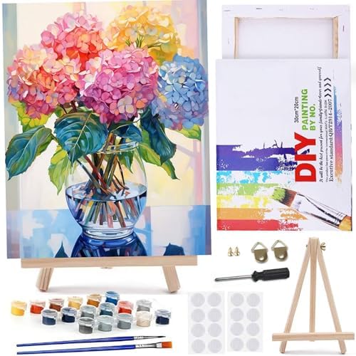 MaiMMaledy Paint by Numbers Kit for Adults Beginners 12Wx8L inch Canvas Pictures with Framed Drawing Painting Works with Wooden Triangle Easel Acrylic Pigment Hydrangea by MaiMMaledy