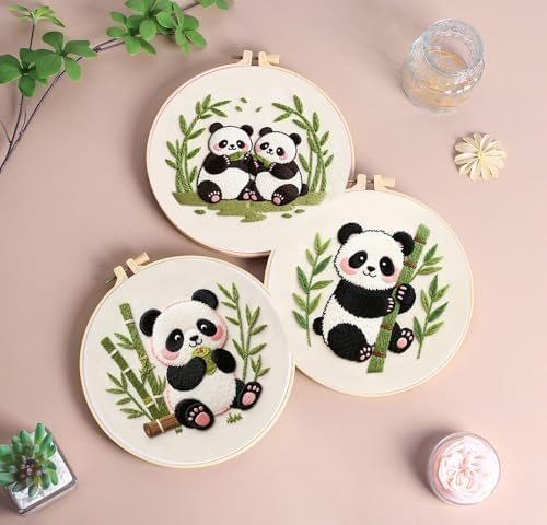 Konrisa Panda Embroidery Starter Kit for Beginners, Cross Stitch Kit with 3pcs Embroidery Pattern, DIY Sewing Project Adult Needlepoint Kit with Hoop, Set of 3 - Image 3