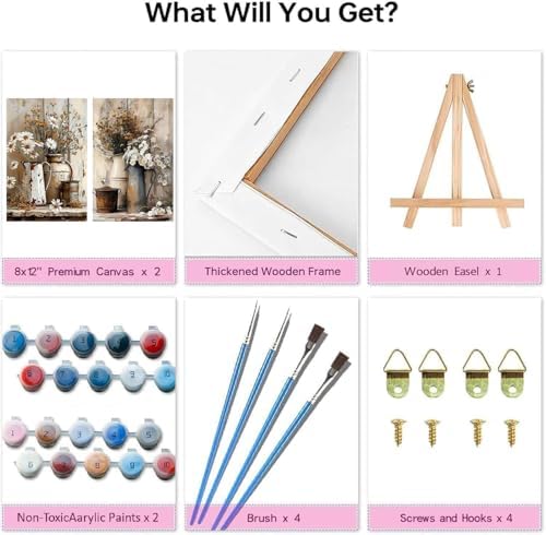 2Pack Flowers Paint by Numbers Kit for Adults Beginners, Floral in Tin Cans Adults Paint by Number Kits with framed-Wood Easel, DIY Acrylic Oil Painting by Numbers Crafts for Home Wall Decor 8X12 Inch - Image 6