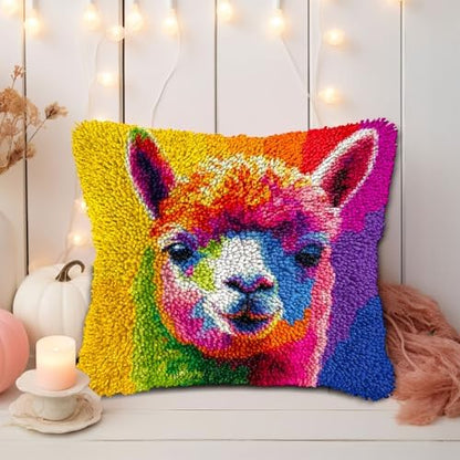 DIY Latch Hook Pillow Kits for Adults Rainbow Alpaca Printed Pillowcase Crochet Yarns Hooking Handmade Pillow Cover Cushion for Home Sofa Decoration 17x17inch-4 - Image 5